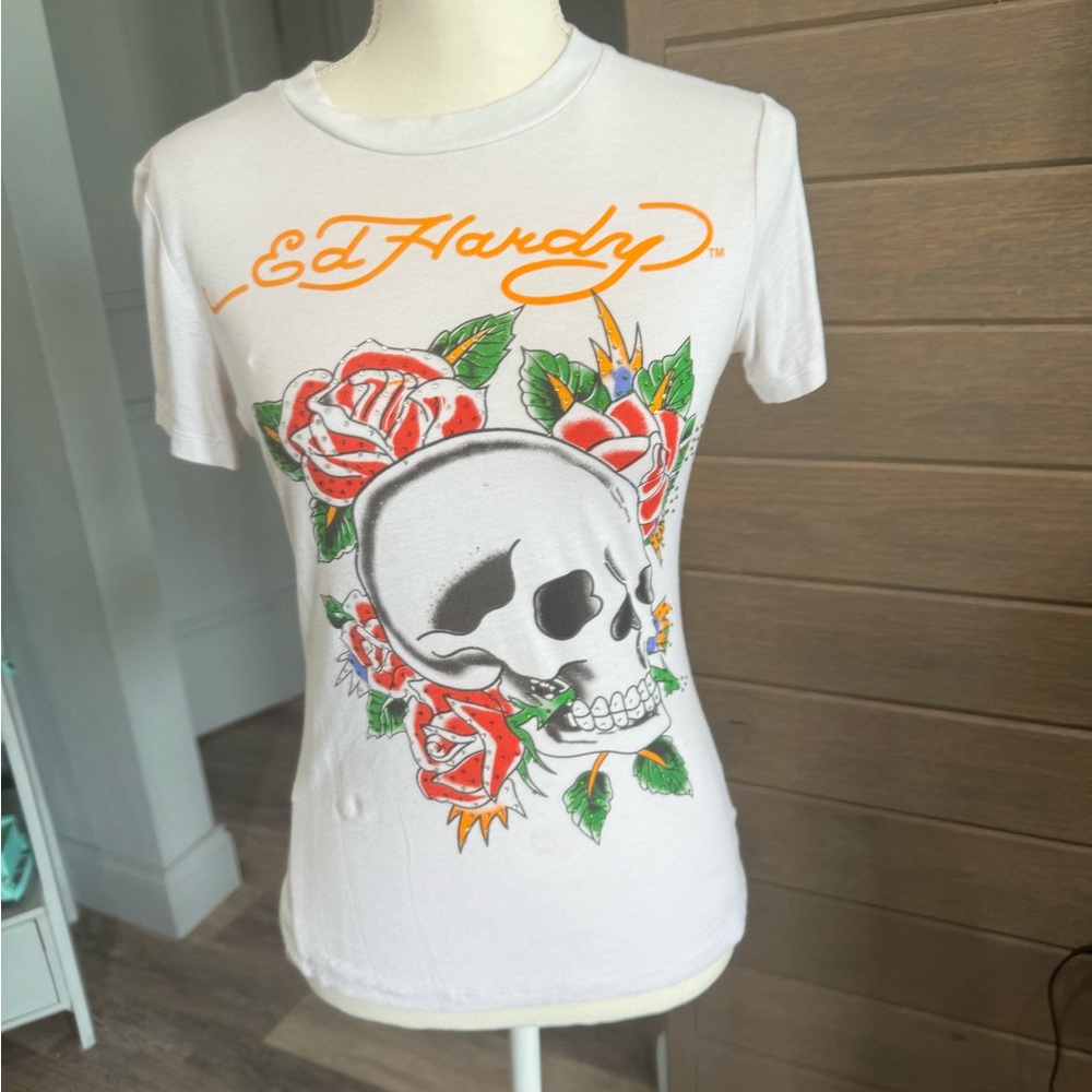 Ed Hardy White Tee with Skull and Roses
